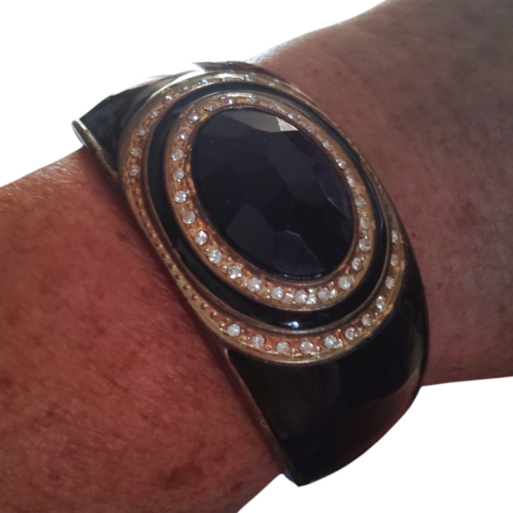 Chunky Black Enamel With Rhinestones And Large Cut Centerstone Bracelet